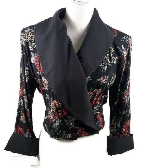 Vintage 90's Floral Dress Jacket L/XL Black Red - Picture 2 of 15